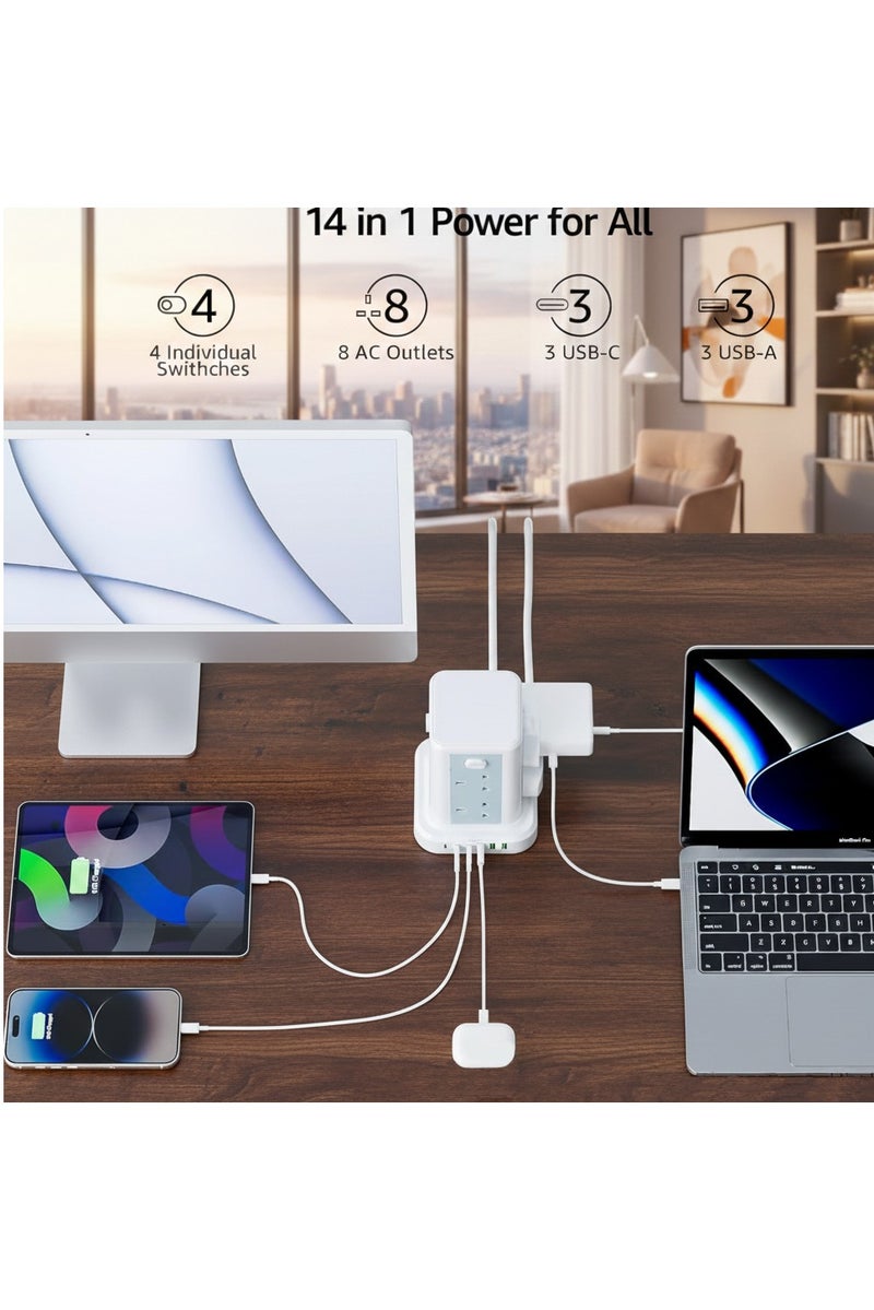 SMART SOURCE 8 Way Power Extension Tower with USB Ports | Multi Socket Power Strip with 6 USB Charging Ports | 3 Meter Heavy Duty Copper Cable | Smart Mobile Charging Station for Home & Office - Image 2
